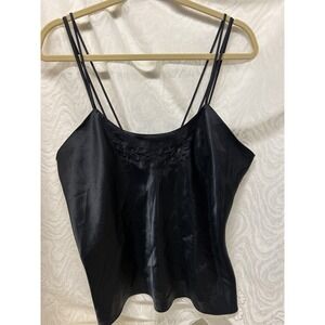 Kathy Ireland Intimates Black Satin Camisole Embroidered Spaghetti Strap Large
